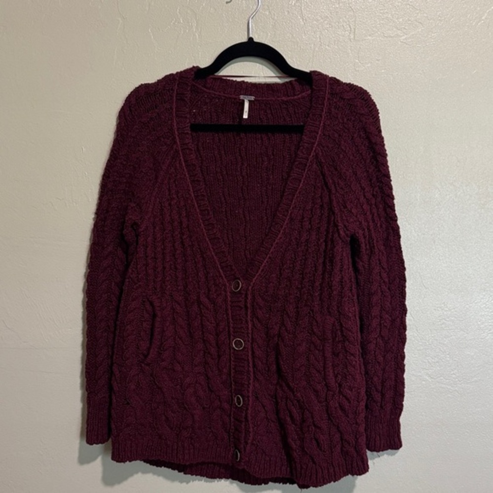 Free People Burgundy Cable Knit Button Cardigan